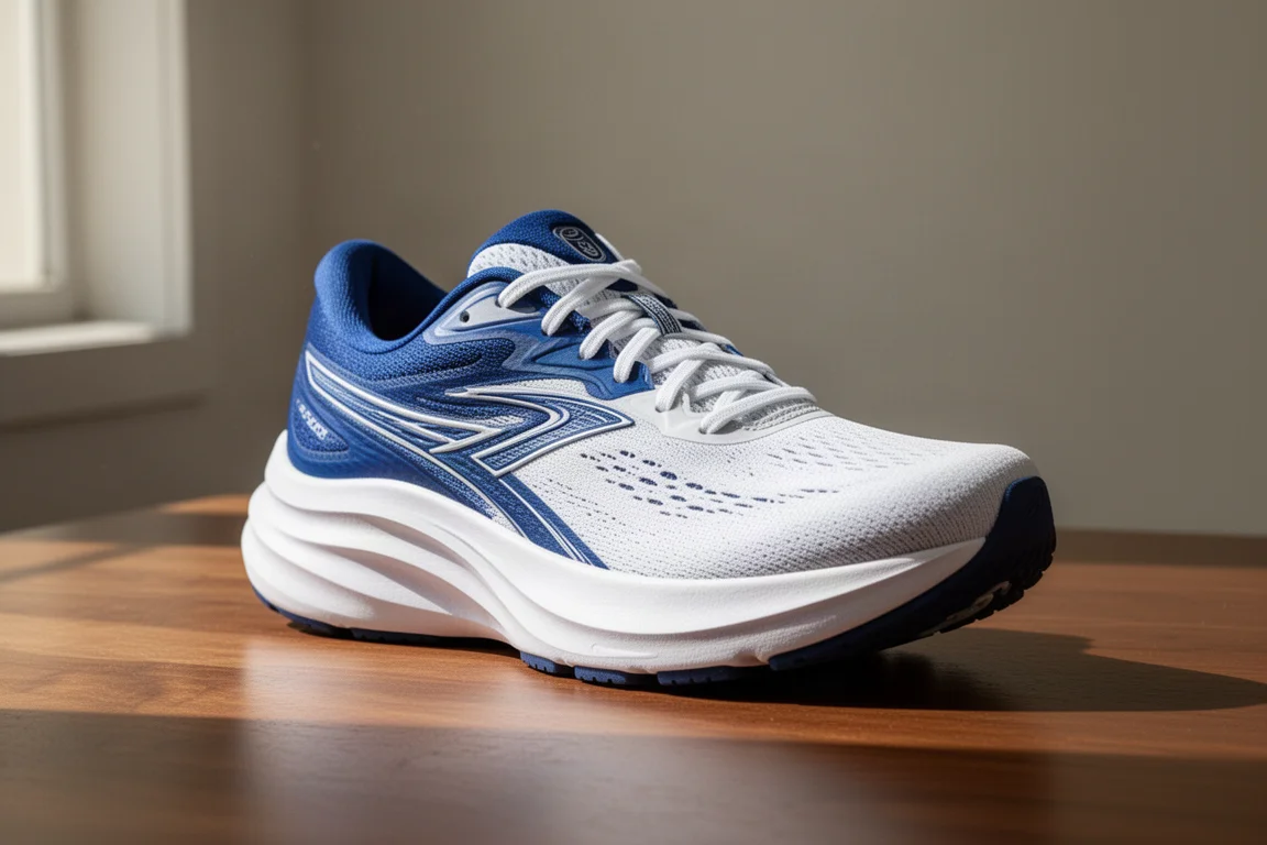 White and blue Altra FWD Via running shoe on a wood surface