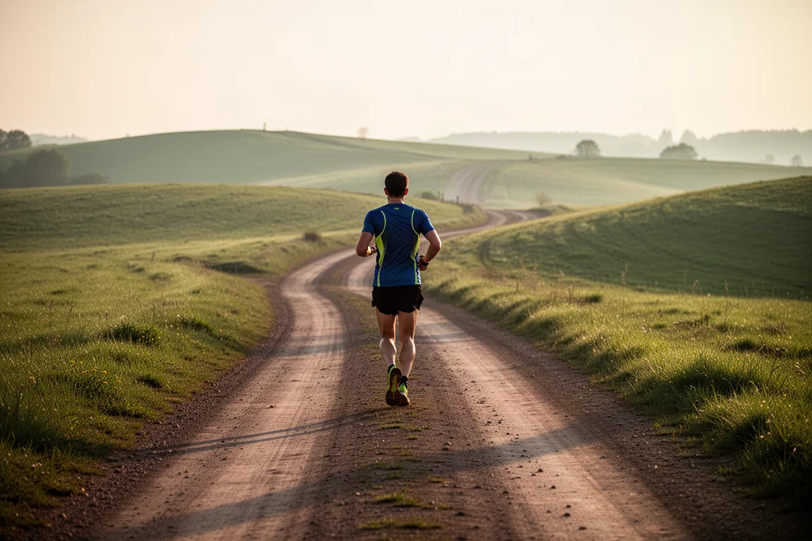 Trail runner on a rolling dirt road surrounded by green countryside