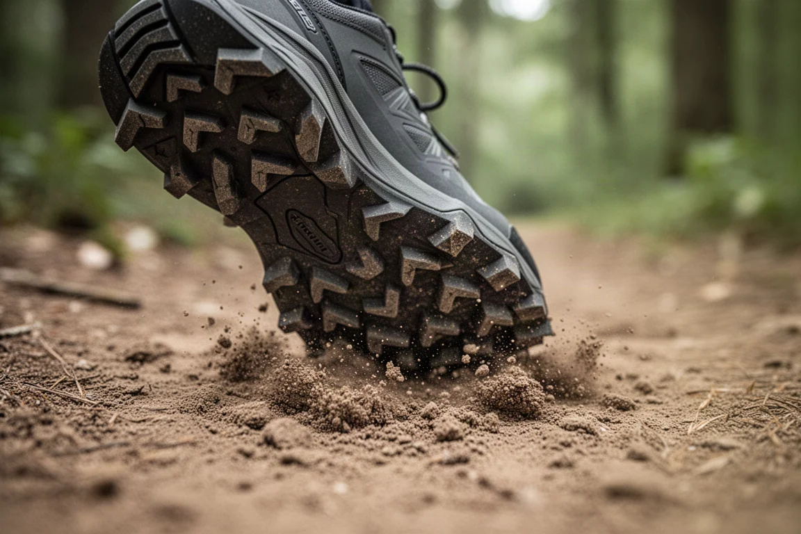 Close-up of a lugged trail shoe outsole pressing into loose dirt