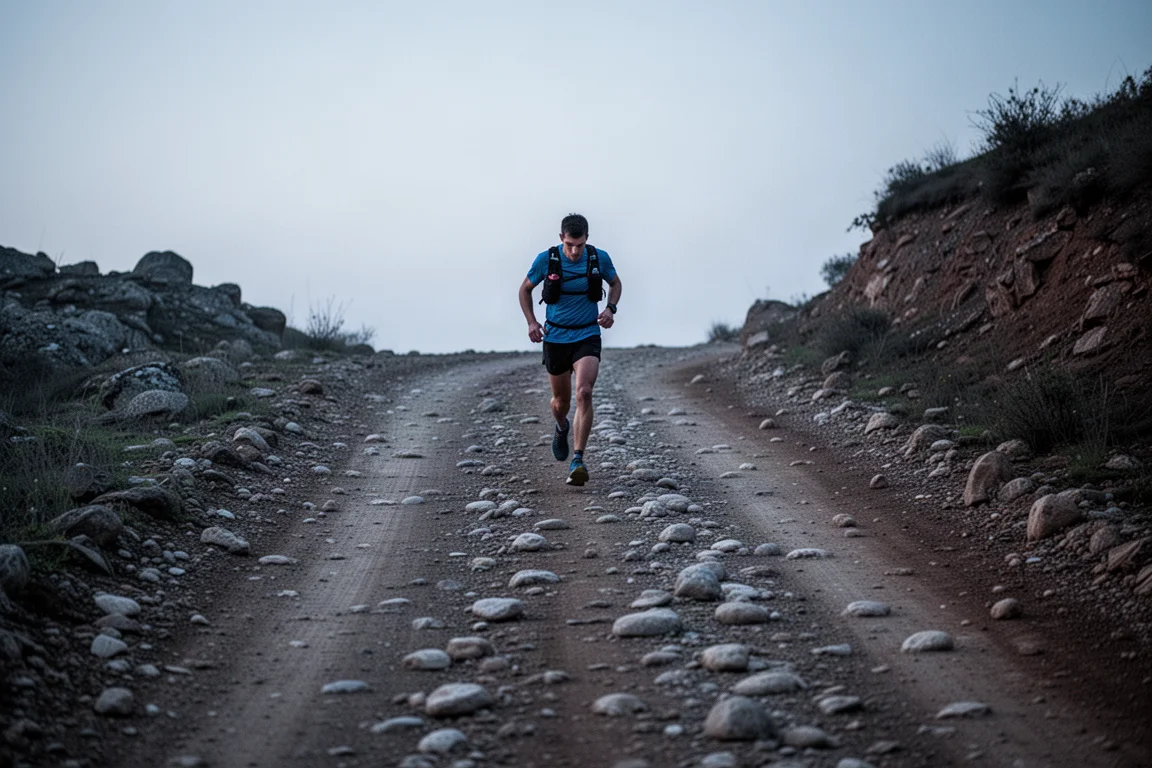 Trail runner walking along a rocky section of dirt road at dusk