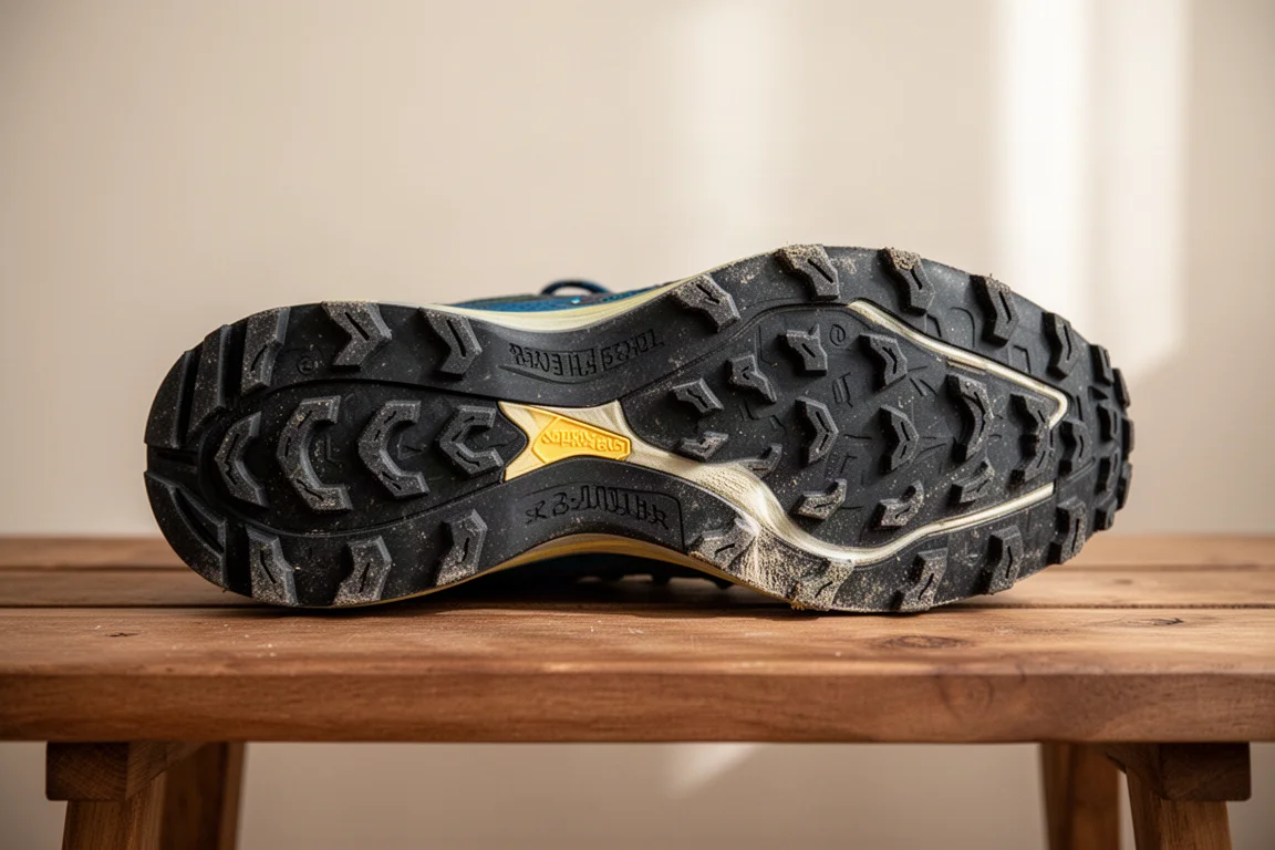 Worn trail shoe outsole showing edge wear after extended use