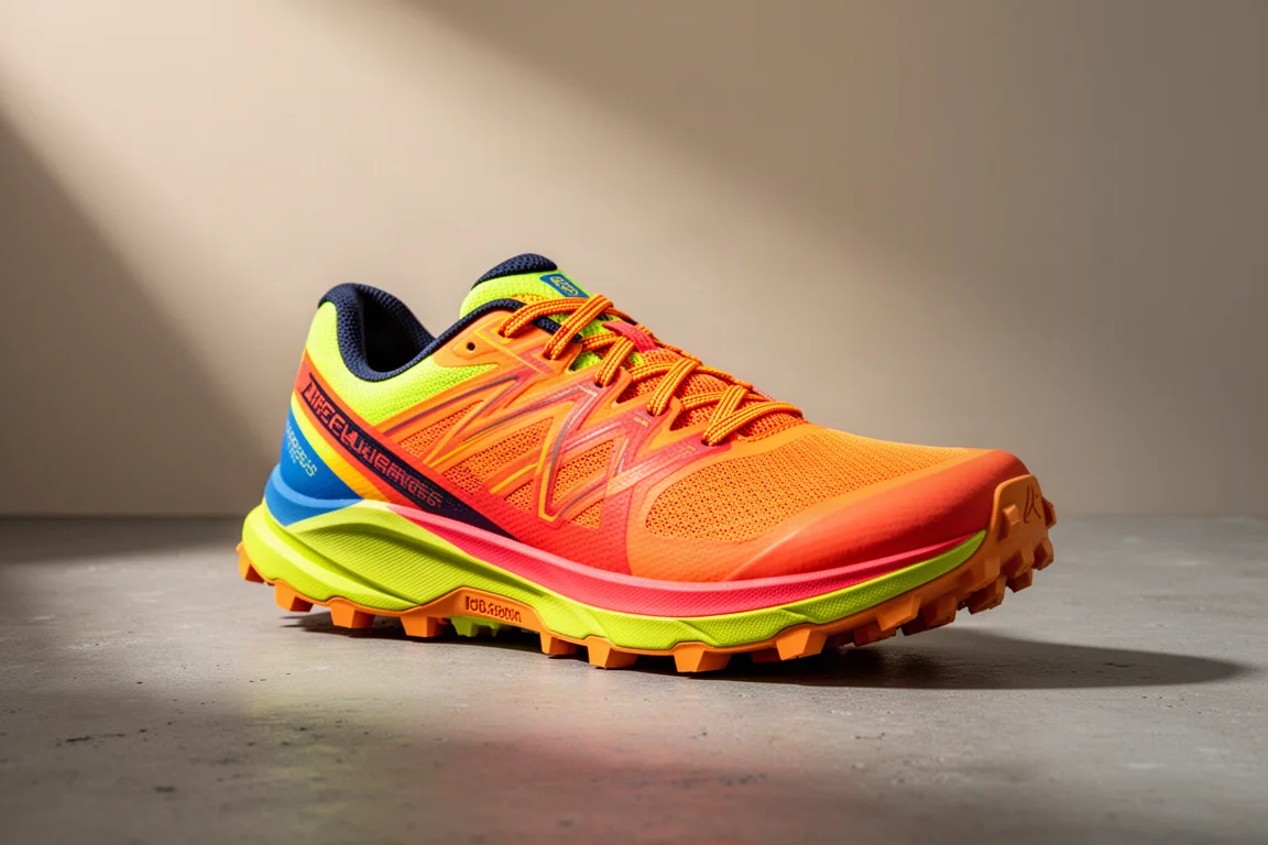 Trail running shoe with bright upper and lugged outsole on concrete