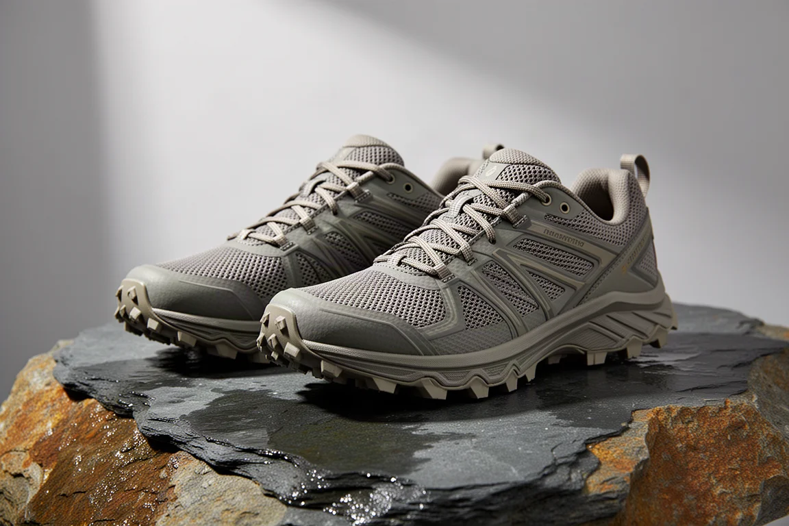Pair of wide-toe-box trail running shoes on wet slate rock