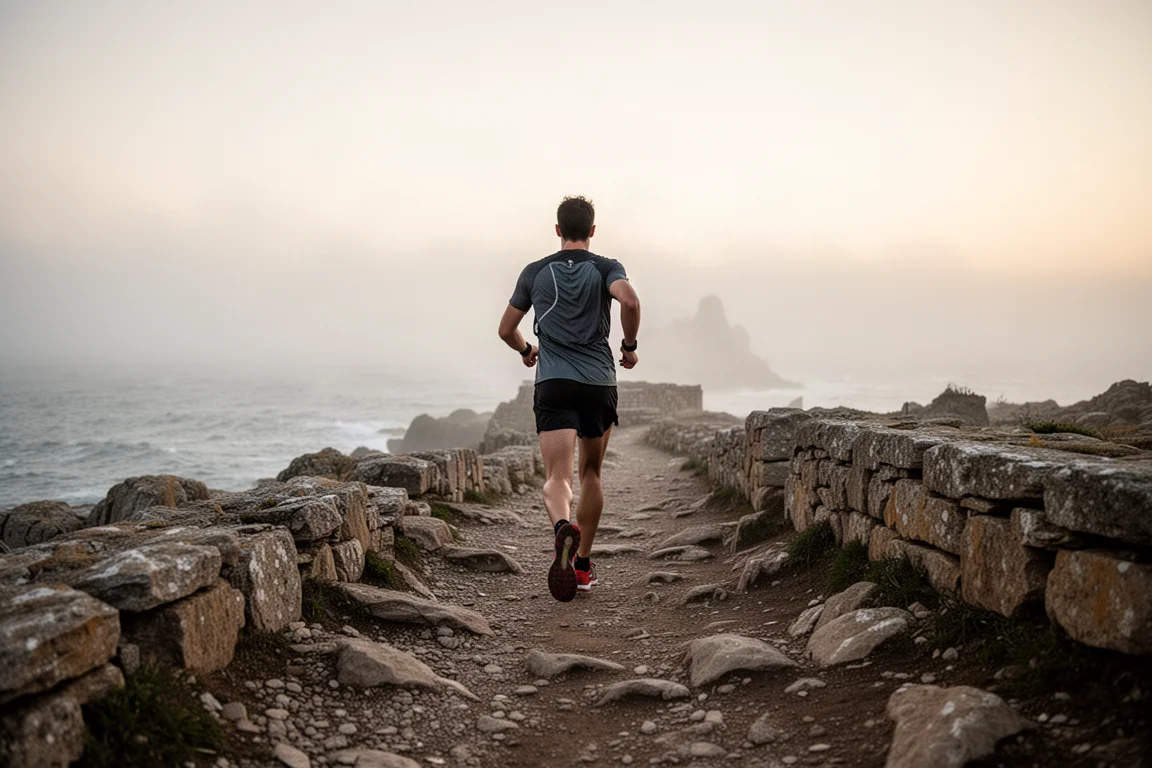 Trail runner on a rocky coastal path in soft morning light