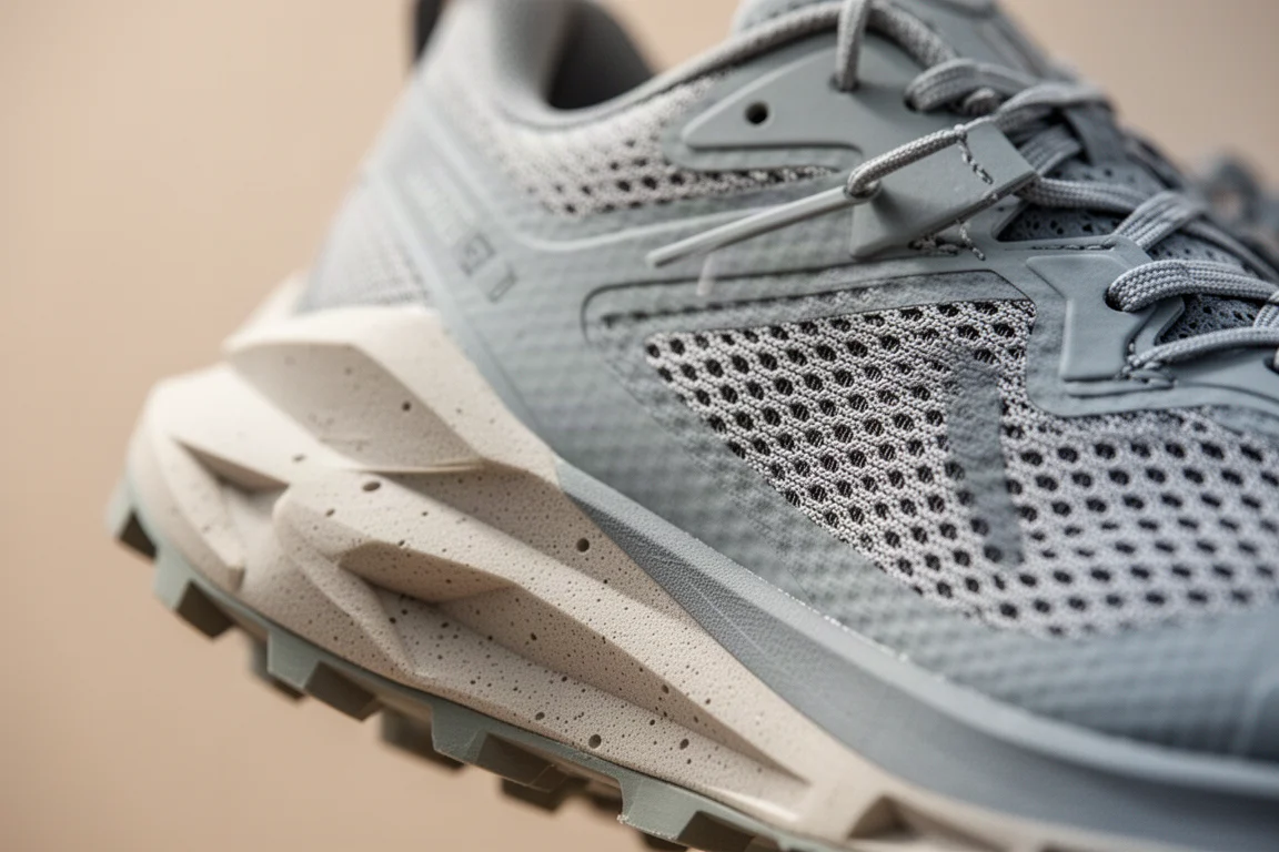 Close-up of a trail shoe outsole with rubber lugs on wet rock