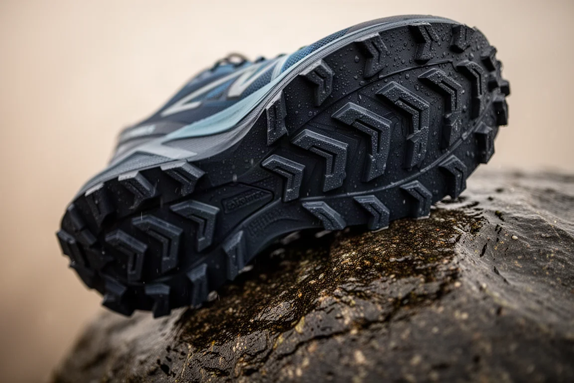 Runner's feet striding along a muddy forest trail