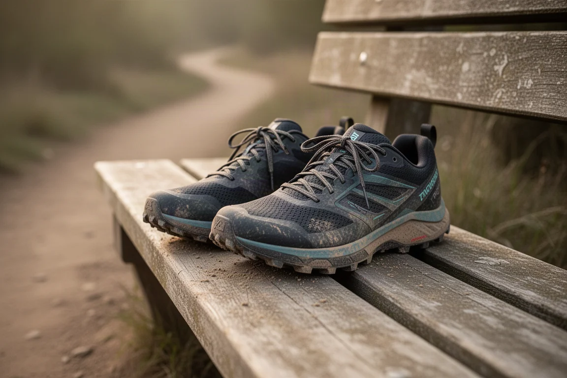 Two trail shoes resting side by side on a wooden bench after a run