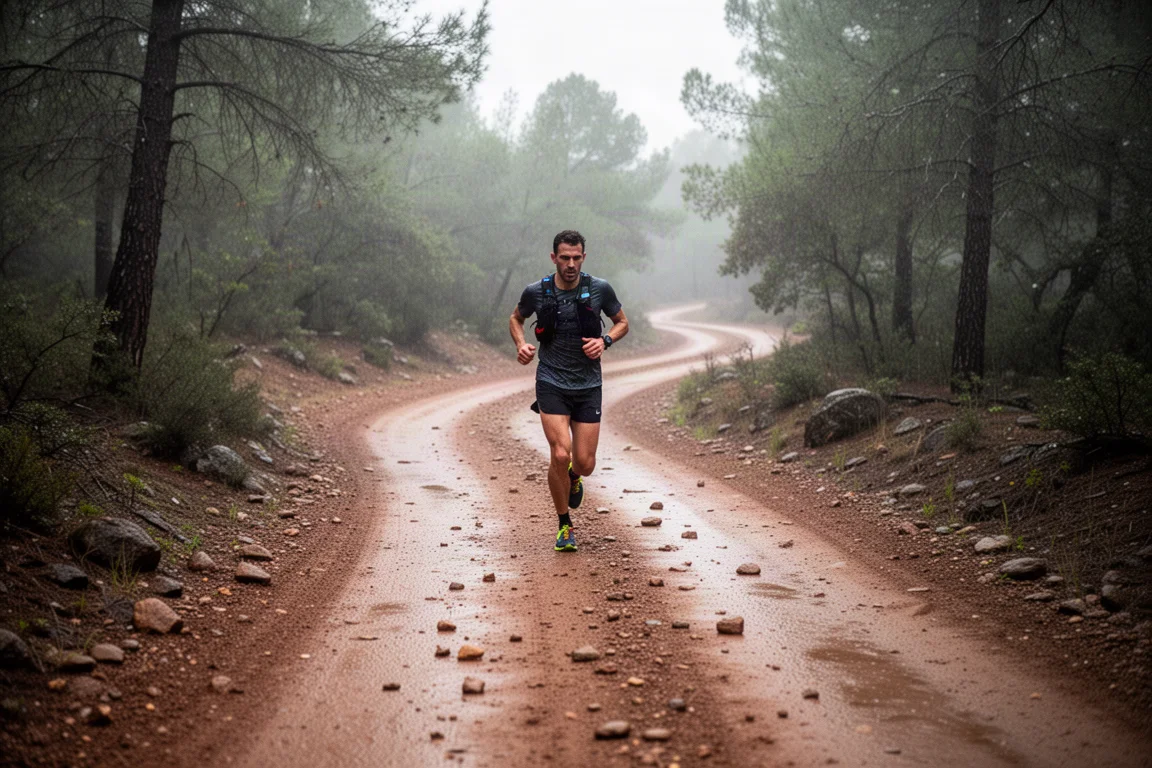 Trail runner su una sterrata tortuosa dopo una leggera pioggia