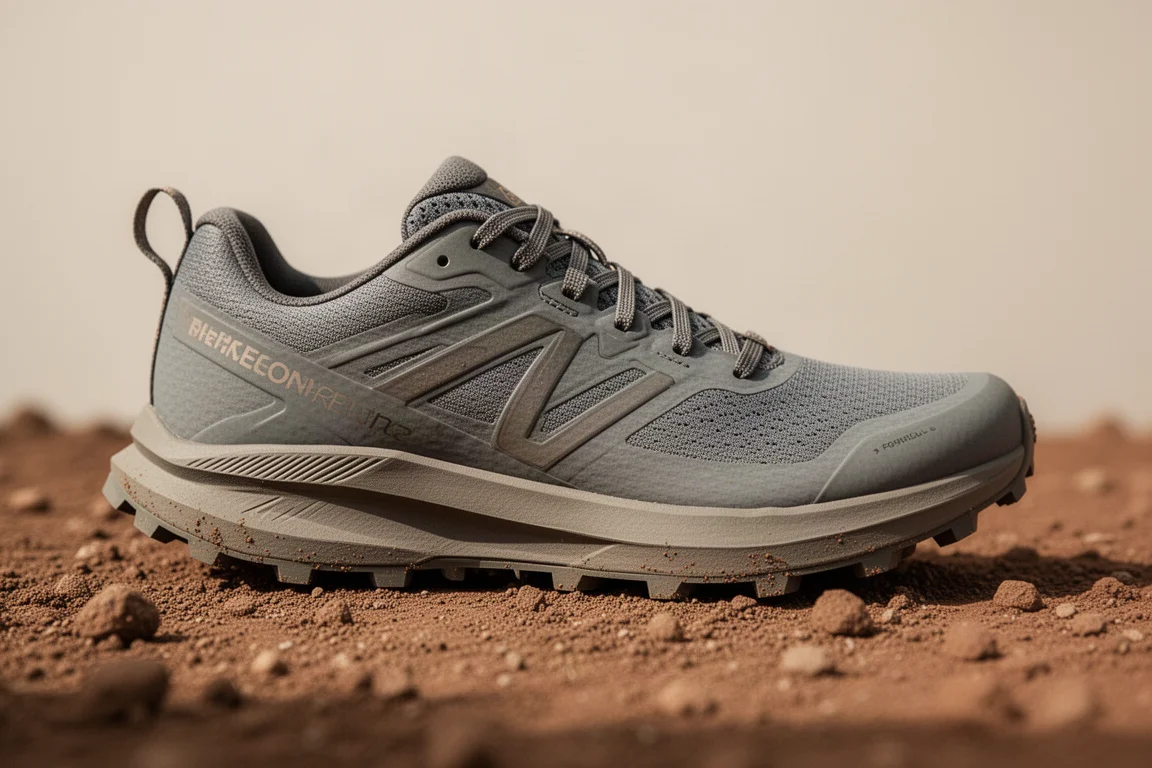 Primo piano della intermedia di una scarpa da trail con geometria piatta appoggiata su un sentiero sterrato