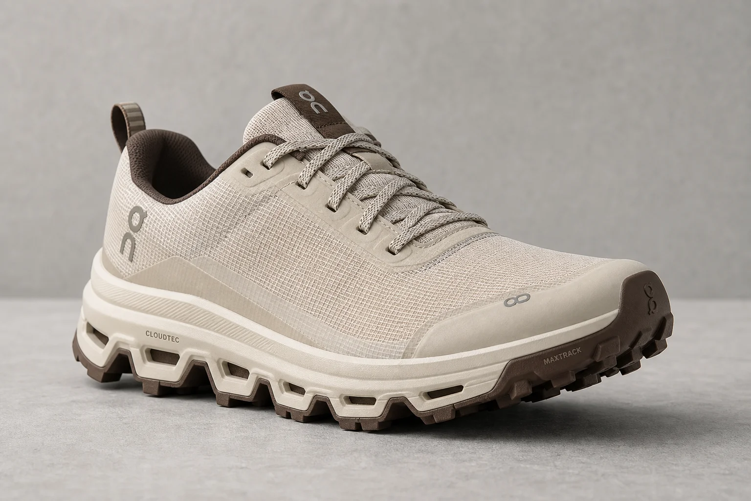 Five women's trail running shoes arranged in descending staircase pattern on concrete