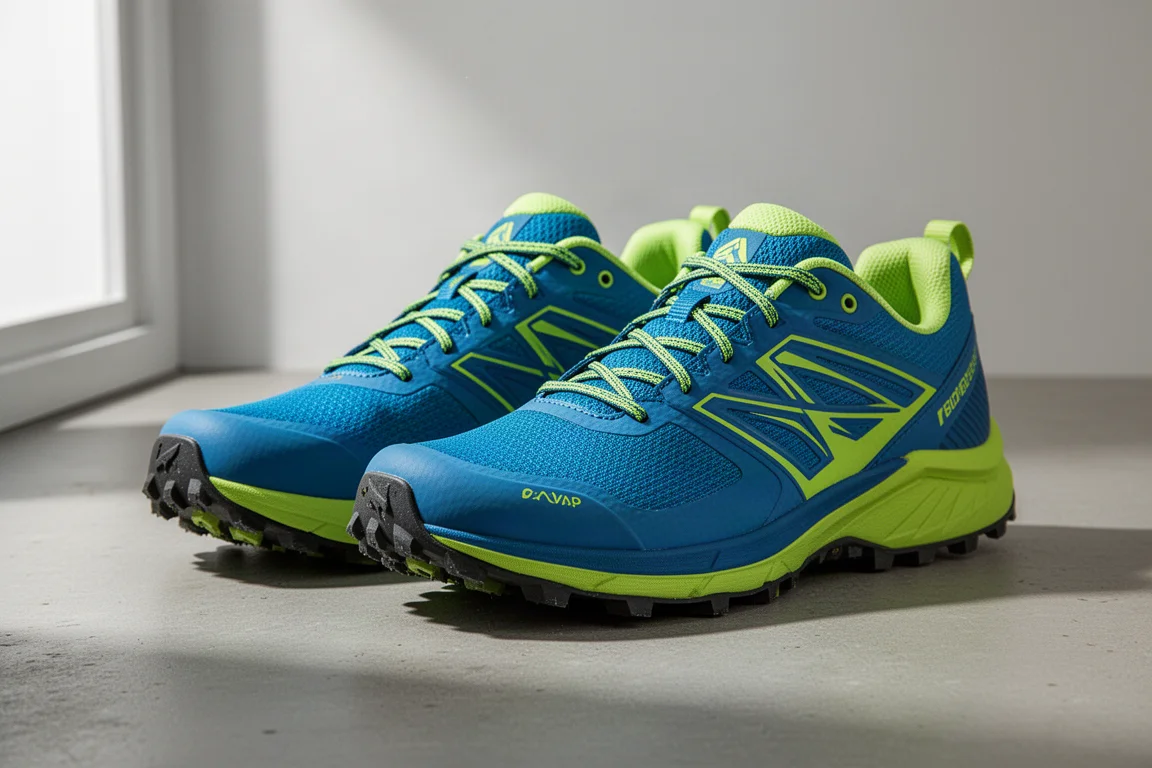 藍色與萊姆綠的 Altra Lone Peak 9+ 越野跑鞋置於水泥地面上