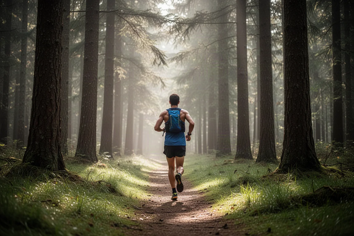 Trailrunner die over een zacht bospad tussen bomen loopt