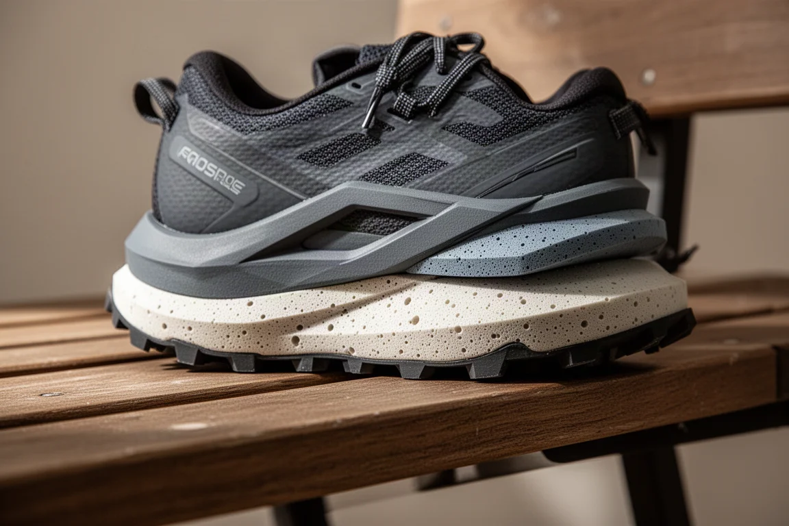 Close-up van dikke tussenzool van trailrunschoen met twee dichtheden