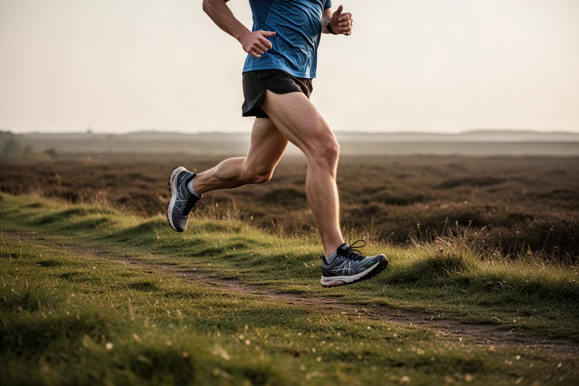 Runner die in tempo over een stevig graspad loopt