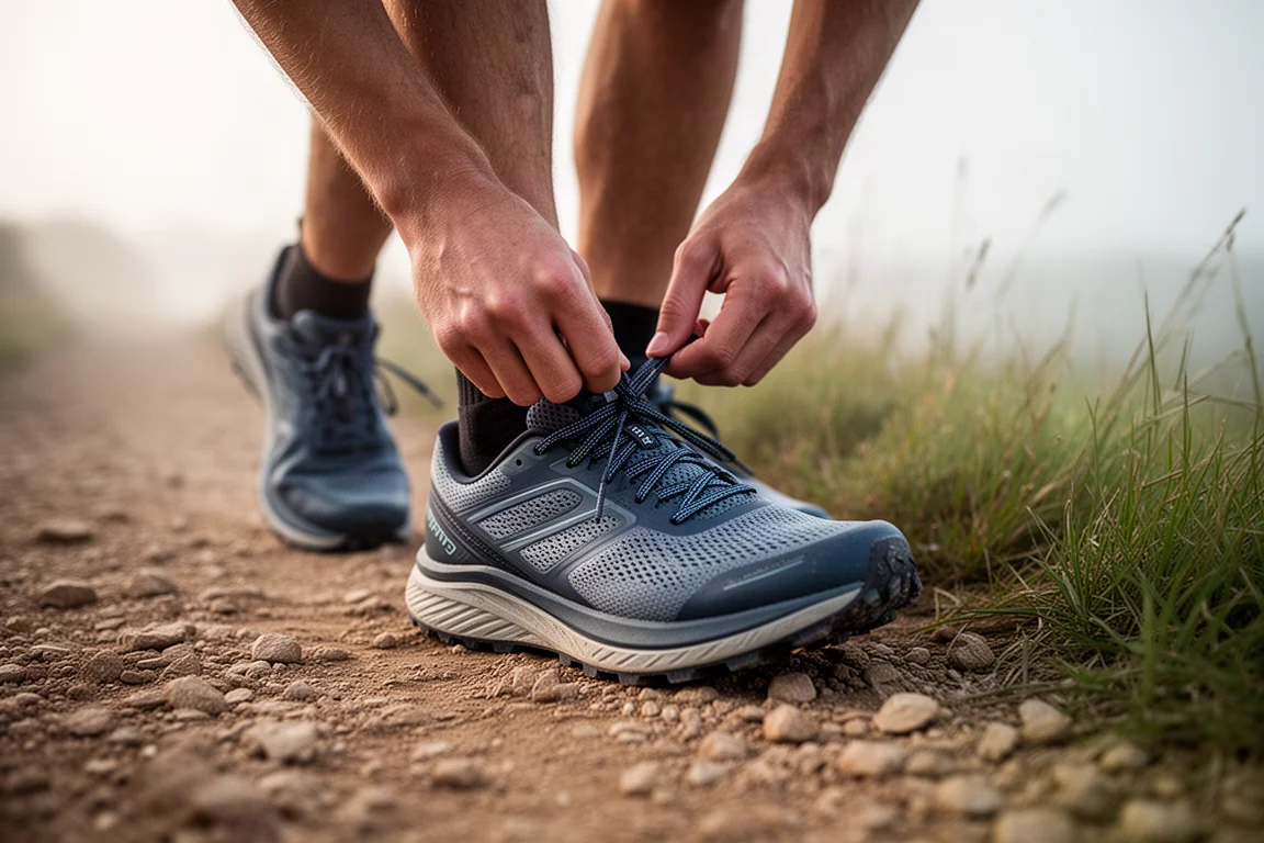 Trailrunner schnürt vor einem Lauf auf trockenem Singletrack ein Paar Traillaufschuhe