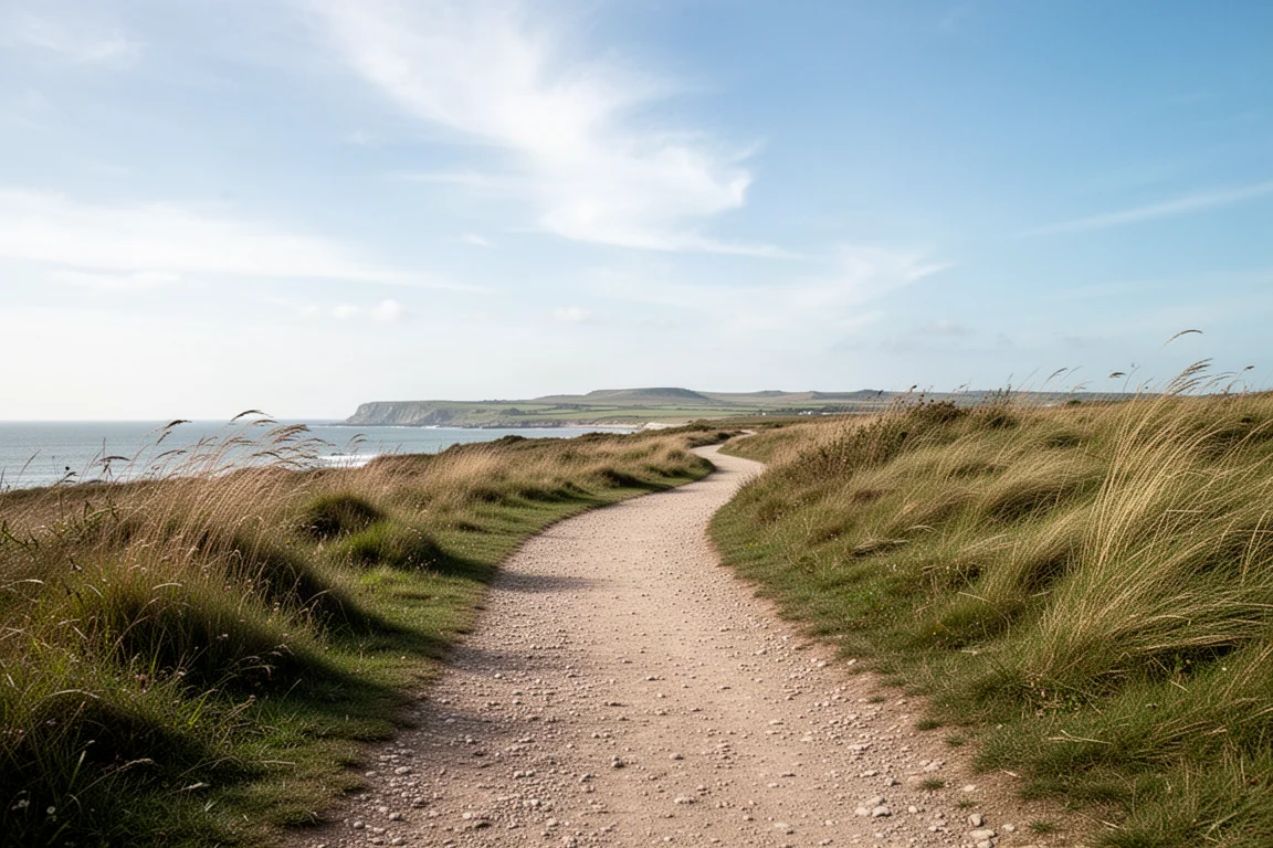 Trockener Kiesweg, der sich bei hellem Sonnenschein durch Küstenlandschaft schlängelt