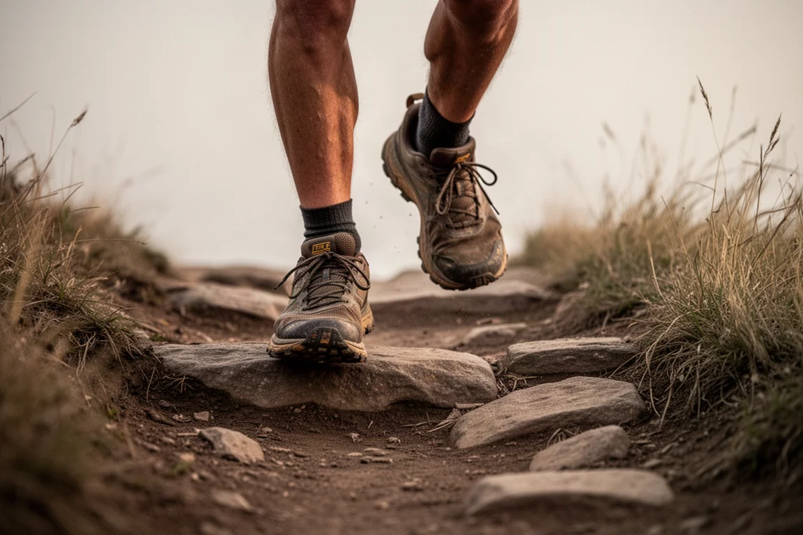 I piedi di un trail runner su un sentiero sterrato tra rocce nella luce soffusa del giorno