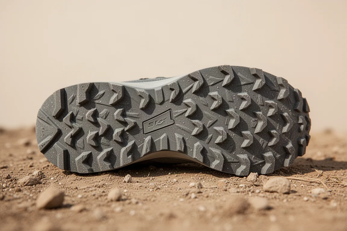 Primo piano della suola tassellata di una scarpa da trail appoggiata su terreno asciutto