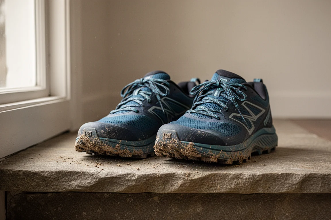 Scarpe da trail appoggiate accanto a una porta dopo una corsa nel fango