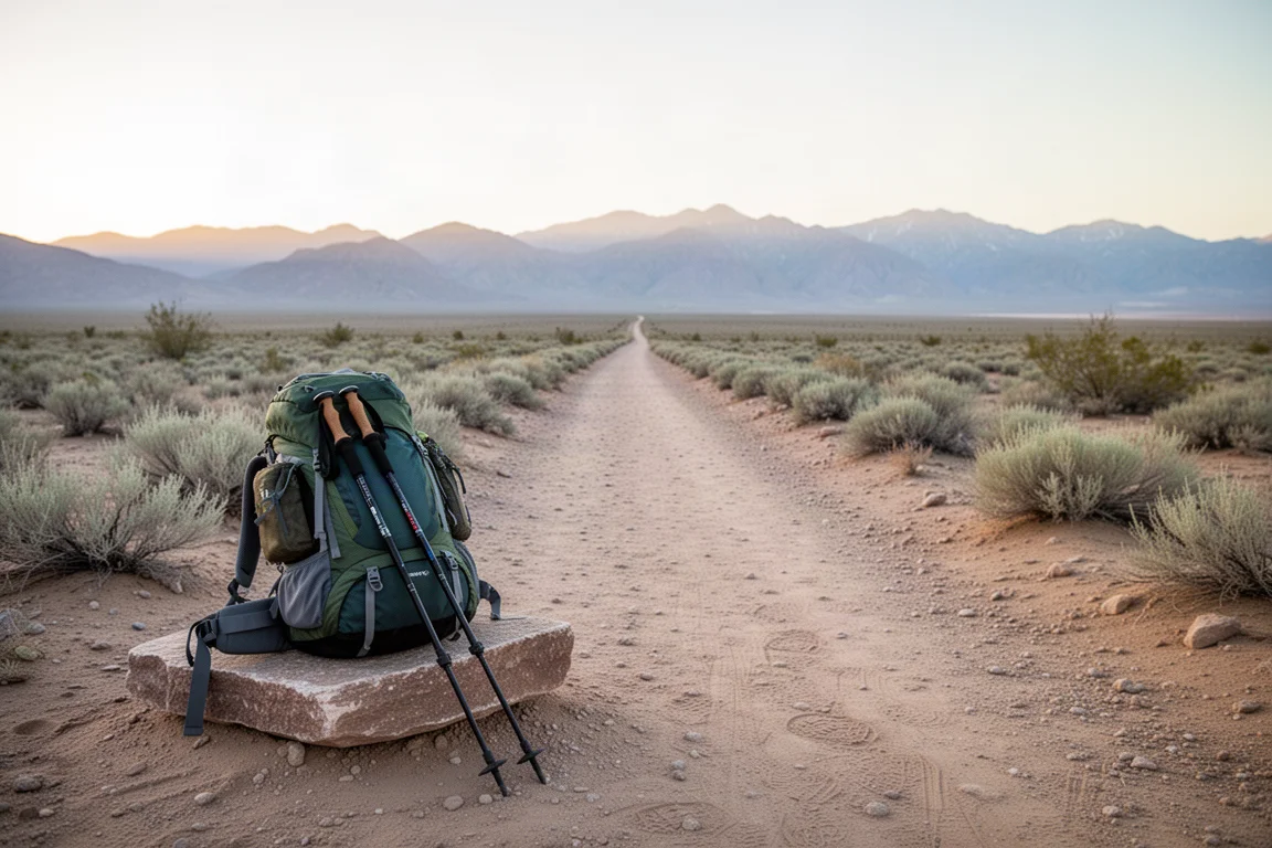 Desert trail at sunrise with a loaded backpack and trekking poles resting on a rock
