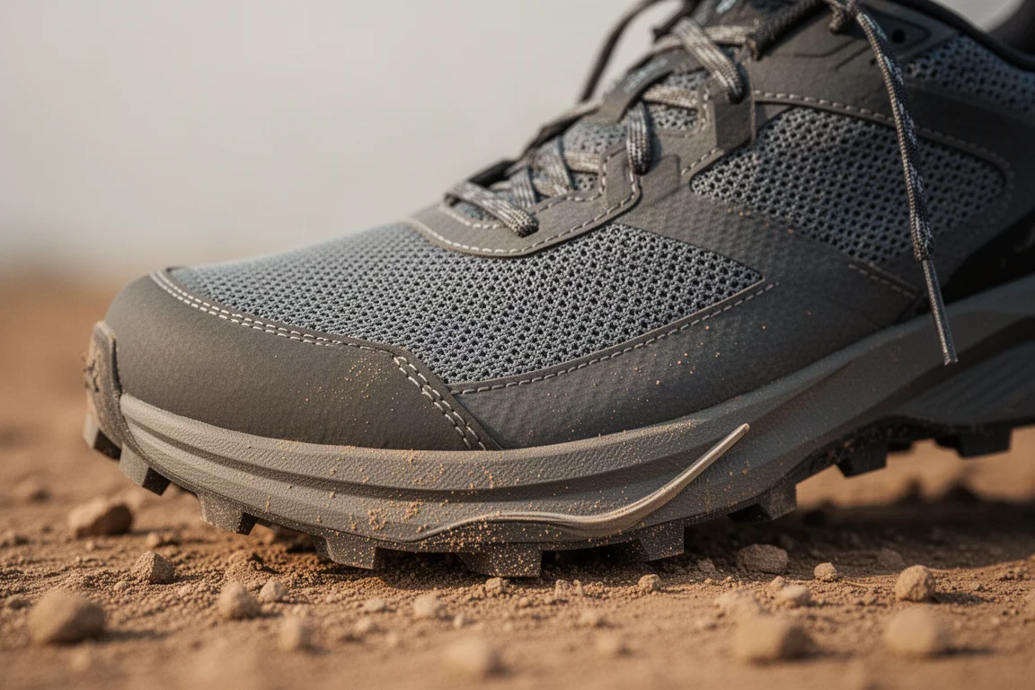 Close-up of a trail shoe mesh upper and flexible sole resting on dry dirt