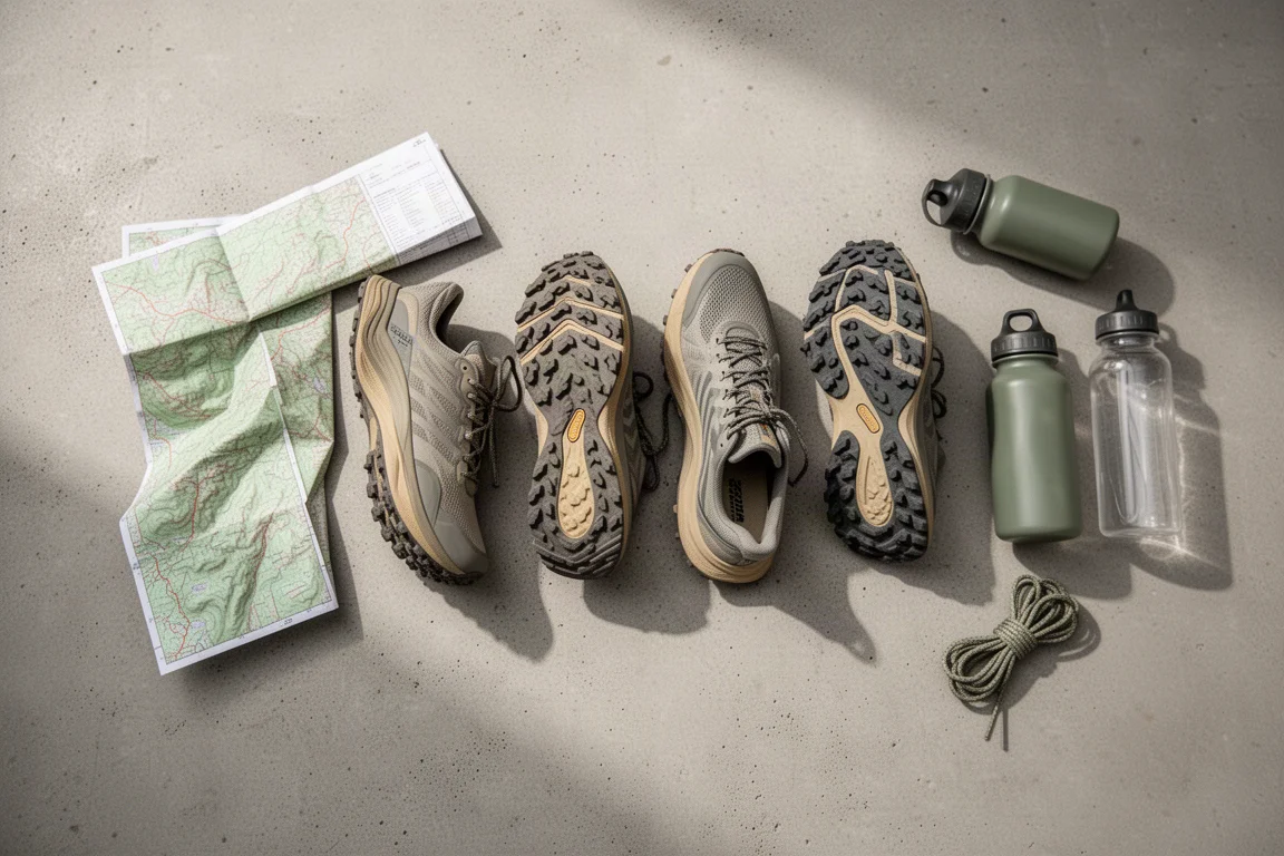 Overhead flat-lay of three pairs of trail shoes with a map and water bottles
