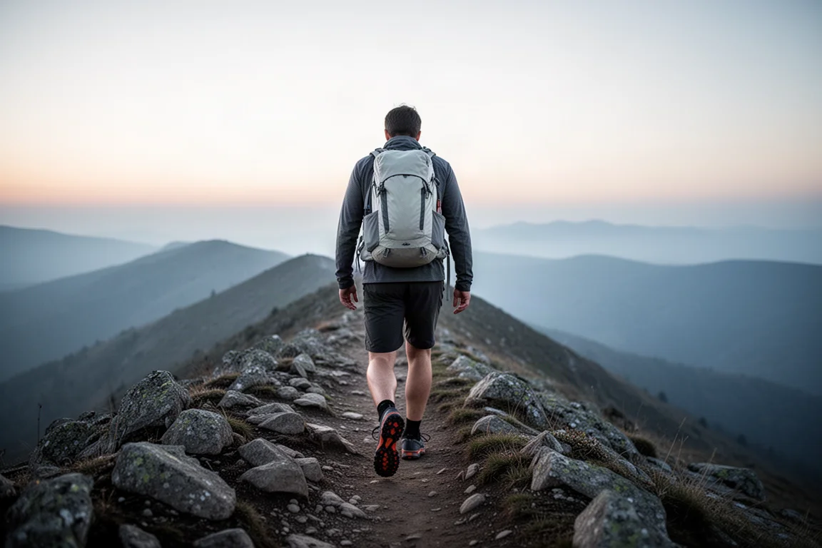 Hiker seen from behind on a rocky ridgeline trail at dusk with layered hills