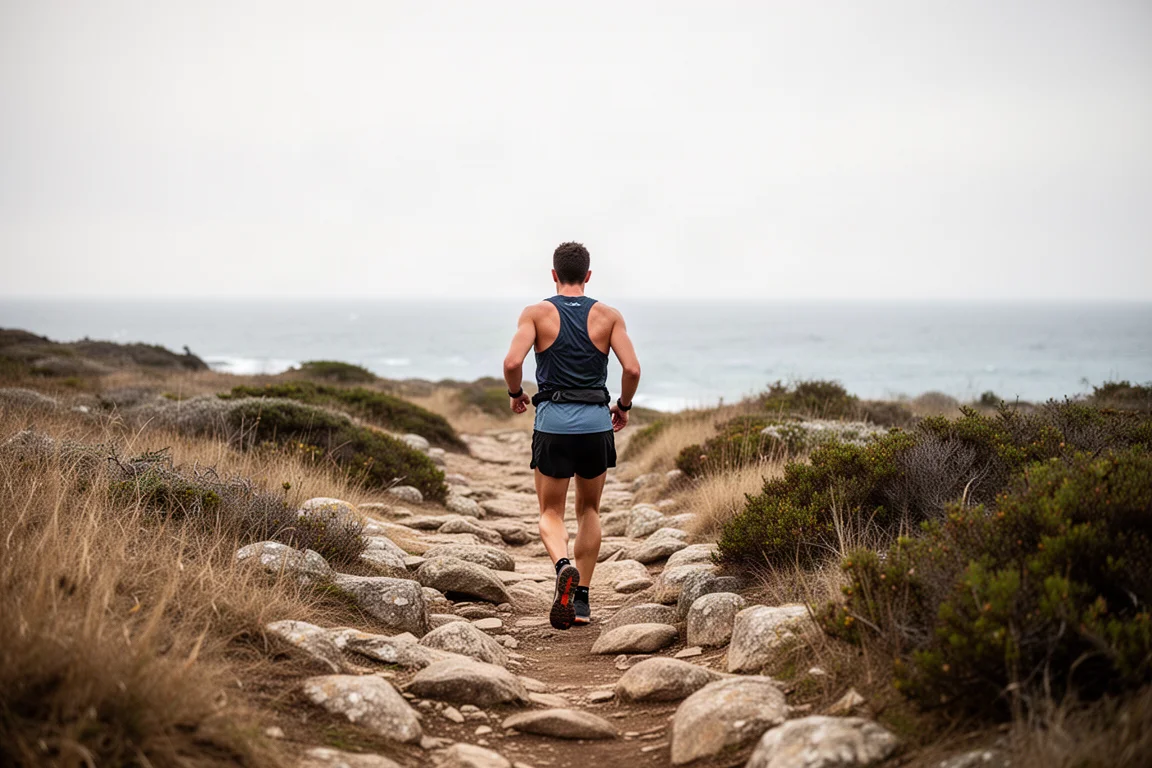 Trail runner che cammina lungo un sentiero costiero sassoso in luce morbida