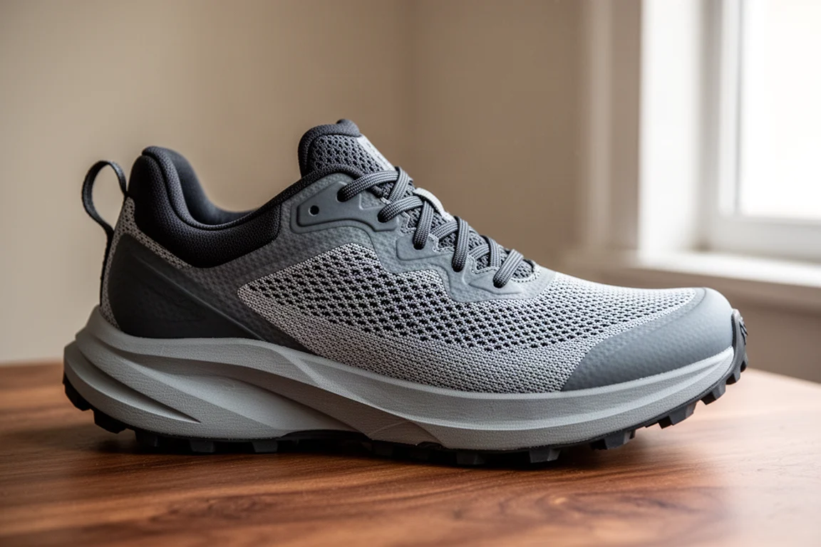 Primo piano della tomaia in mesh di una scarpa da trail con scatola alluce larga e tallone imbottito