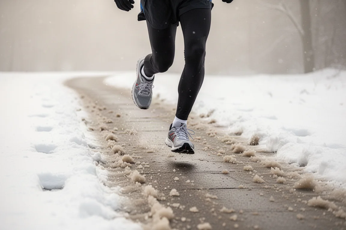 Runner che trotta su un viale asfaltato innevato nella luce soffice dell'inverno
