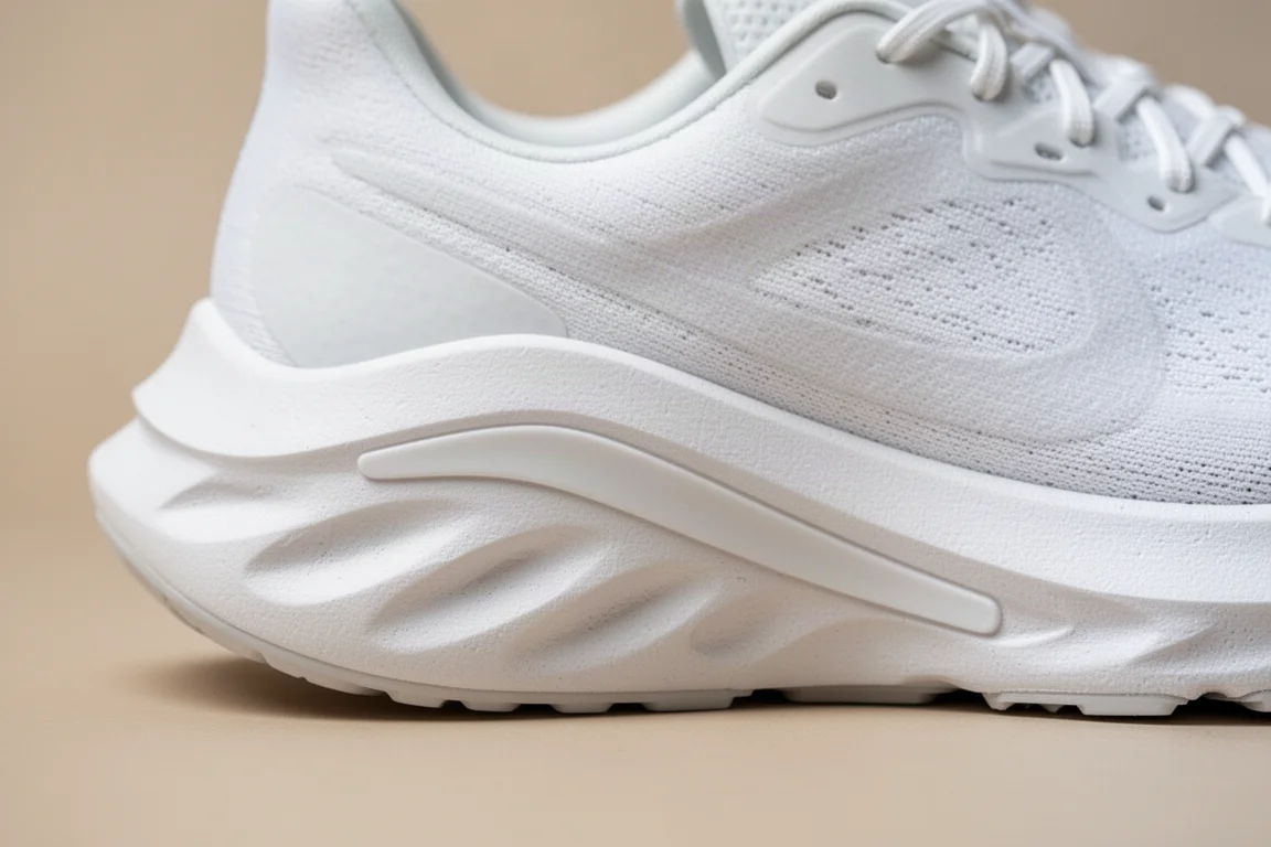 Primo piano della intersuola di una scarpa da running con la geometria dei guide rail ben visibile