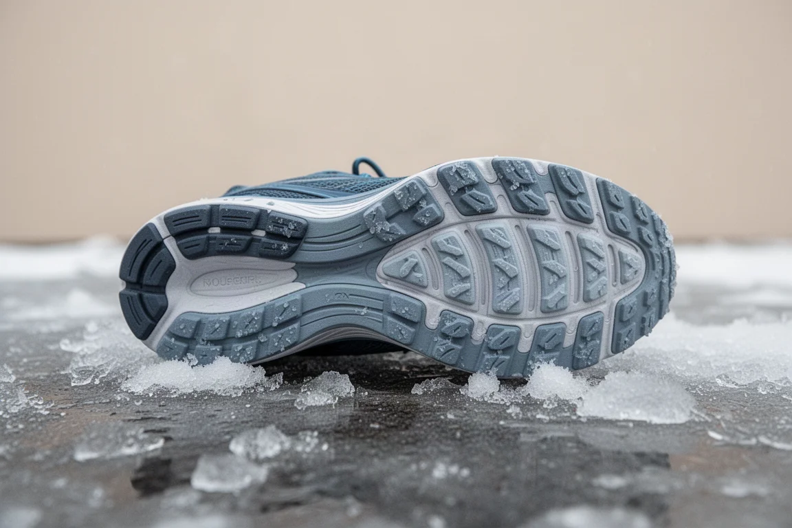 Suola di una scarpa da running con battitura in gomma antiscivolo appoggiata su asfalto ghiacciato