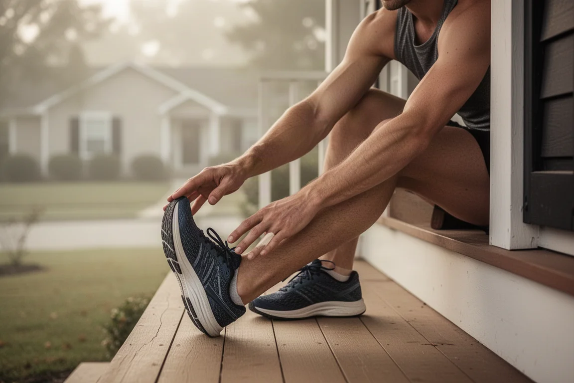 Runner che allunga i polpacci su una veranda dopo una corsa di recupero