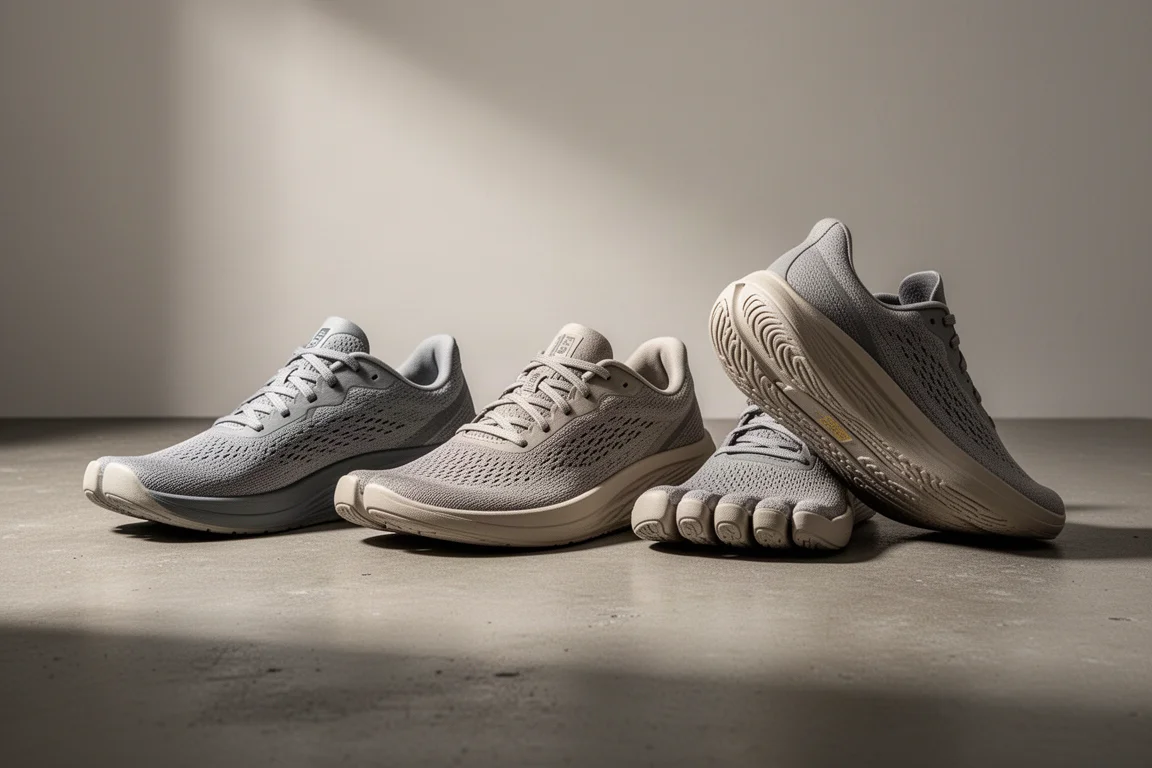Three zero-drop running shoes side by side on a neutral studio surface