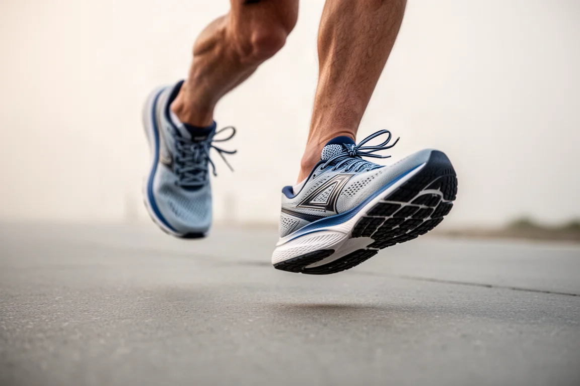 Voeten van een hardloper midden in de pas op glad asfalt, dragende hardloopschoenen met brede tenenbox