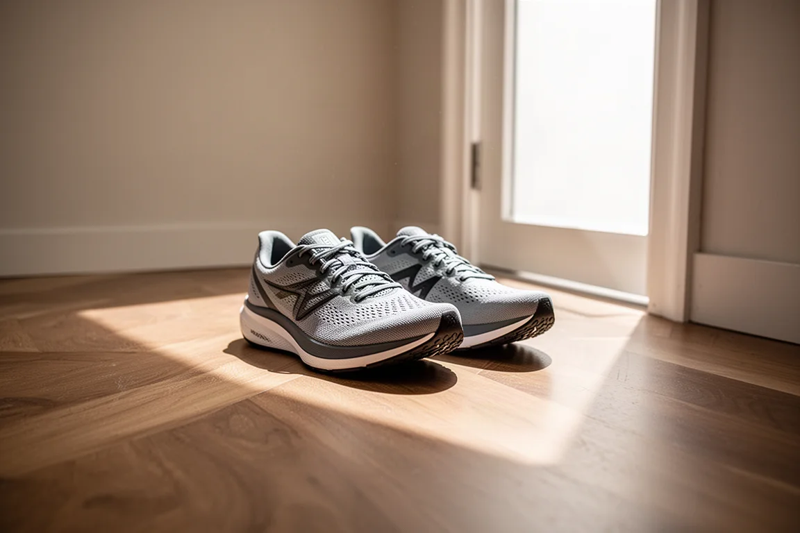 Paar hardloopschoenen op een houten vloer bij een deur, klaar om te gaan hardlopen