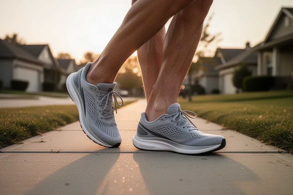 Runner lacing up a lightweight zero-drop road running shoe on a sidewalk at sunrise