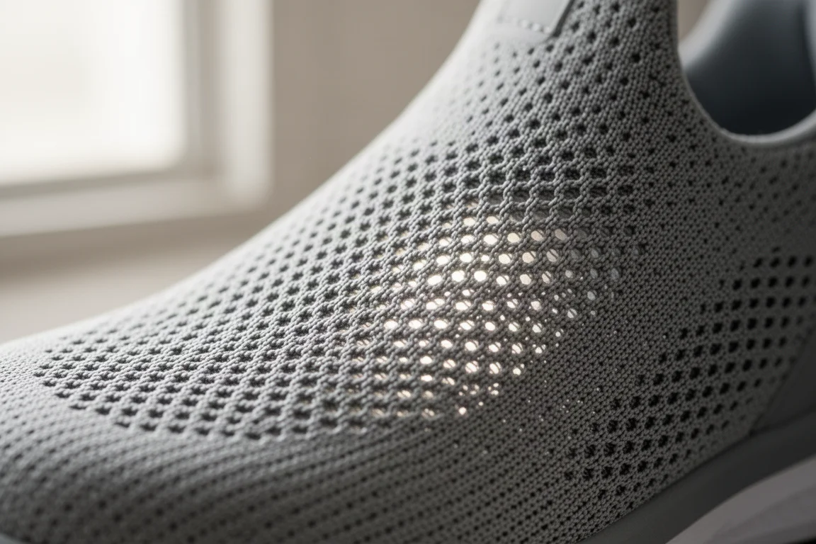 Close-up of a breathable mono mesh upper showing light passing through