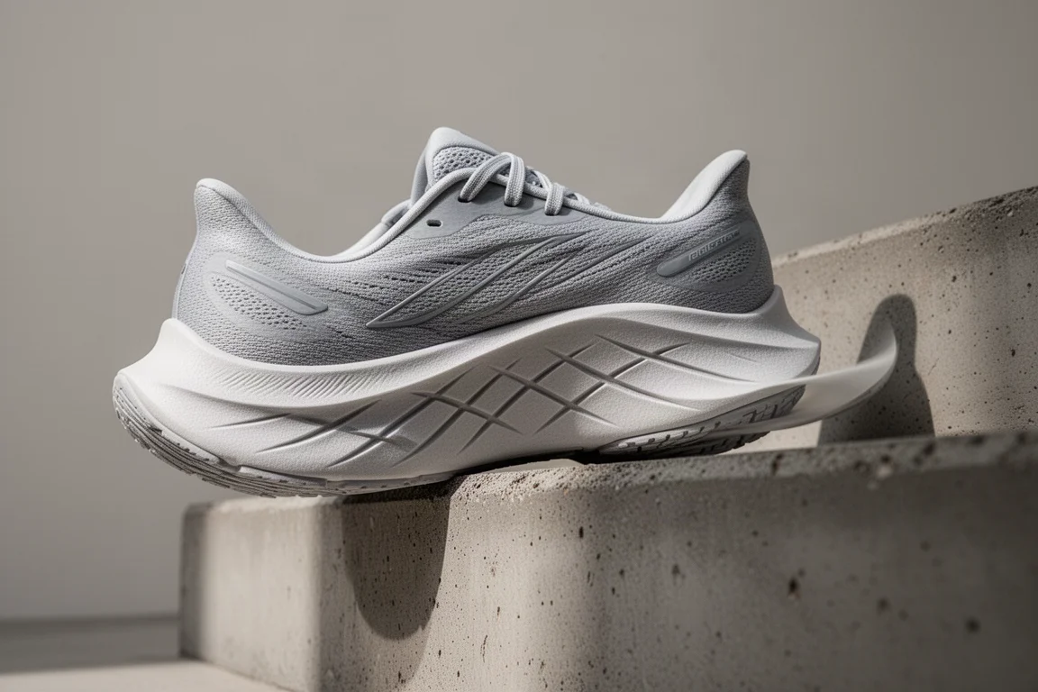 Flexible midsole of a running shoe bending to show flex grooves