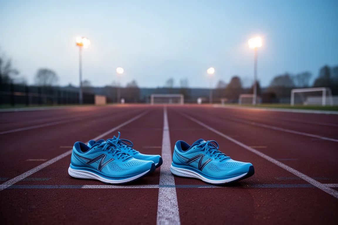 Runner doing track repeats at dusk with a pair of running shoes nearby