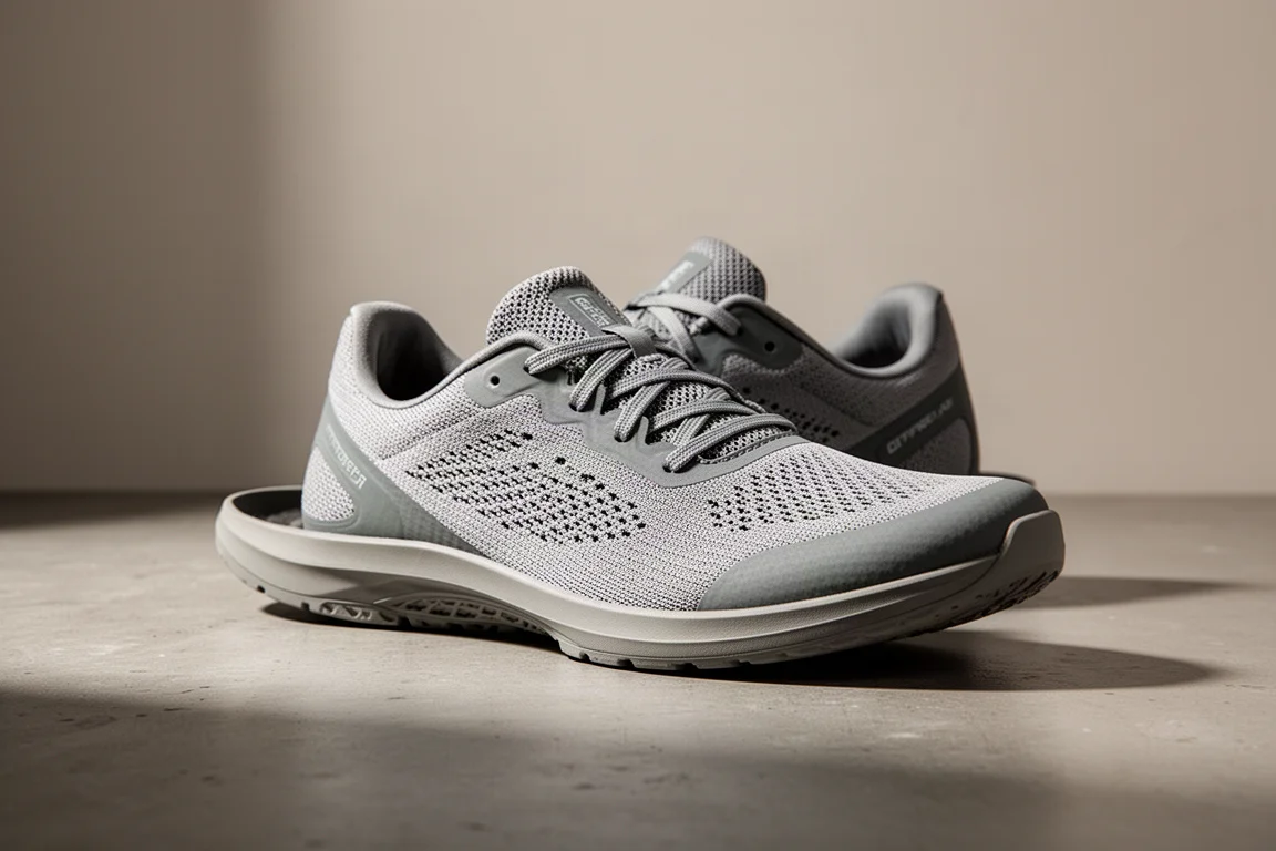 Zero-drop road running shoe with mono mesh upper on matte concrete surface