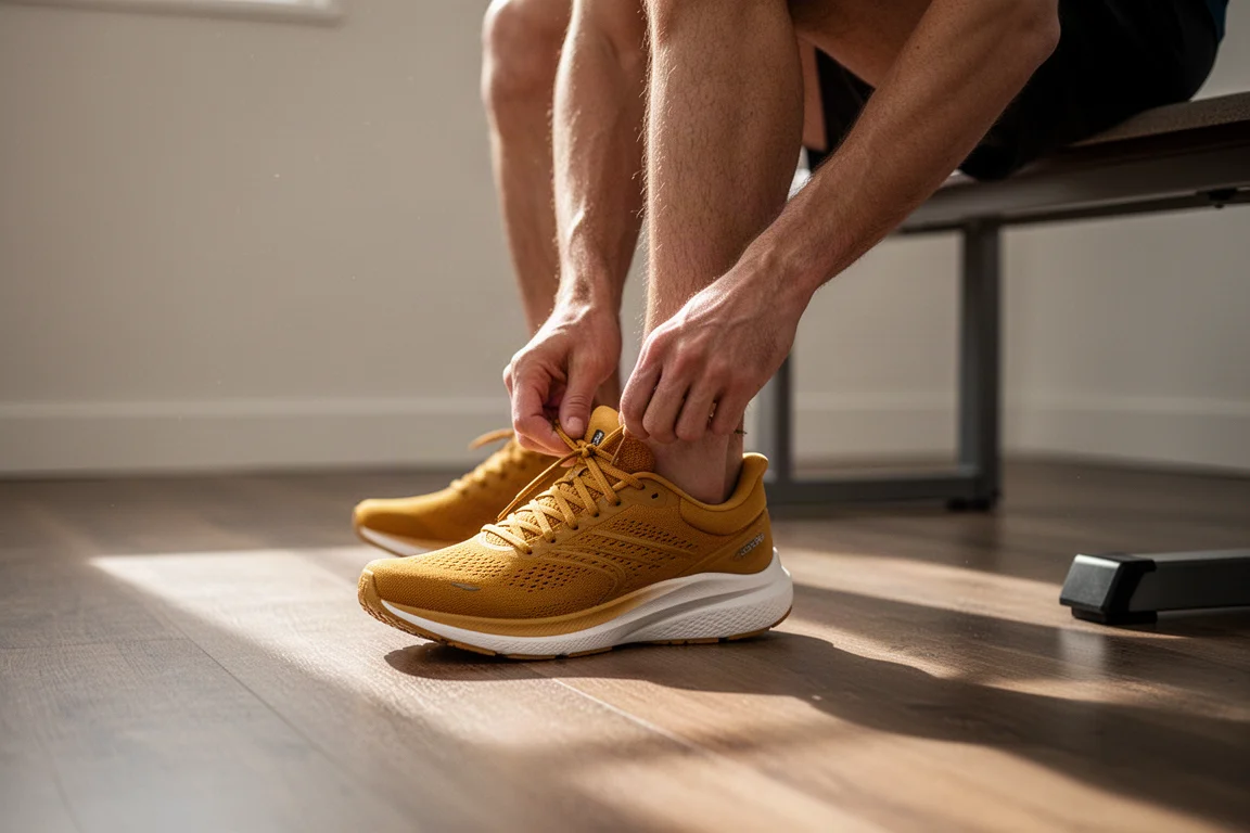 Hardloper strikt een mosterdgele hardloopschoen op een houten vloer