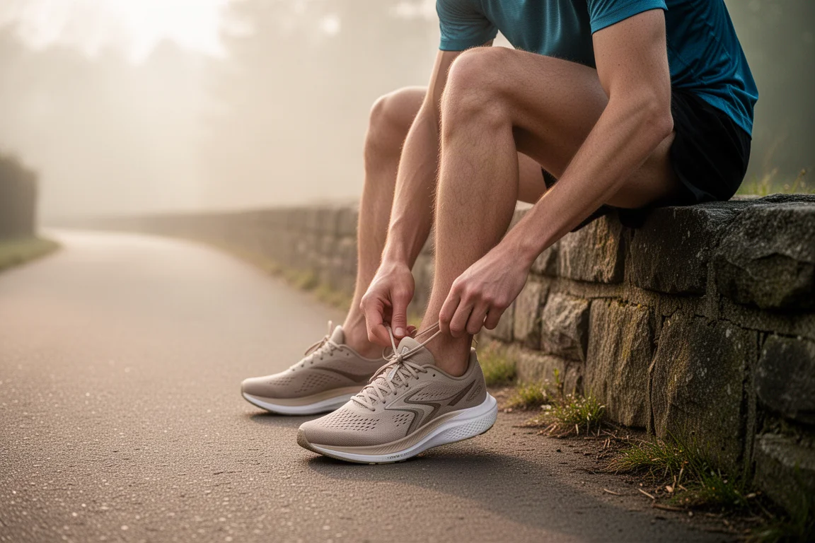 Un corridore allaccia una scarpa da running su strada lungo un sentiero residenziale tranquillo nella luce del mattino