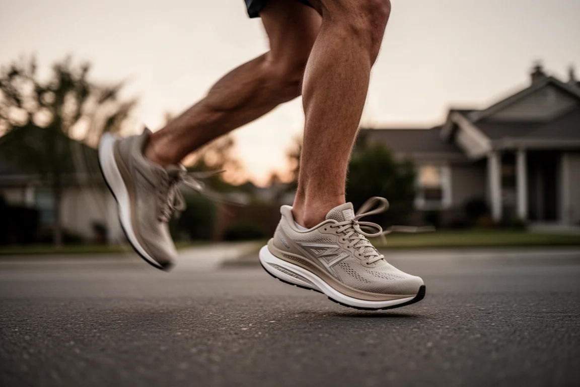 I piedi di un corridore a metà falcata durante una corsa tranquilla nel quartiere al tramonto