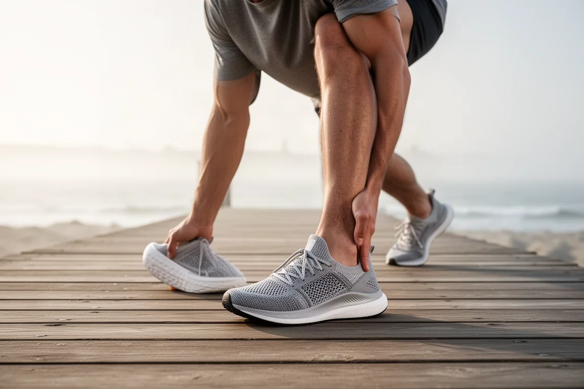Person in einem minimalistischen Strickschuh dehnt sich auf einem Uferpromenade-Weg nahe der Küste