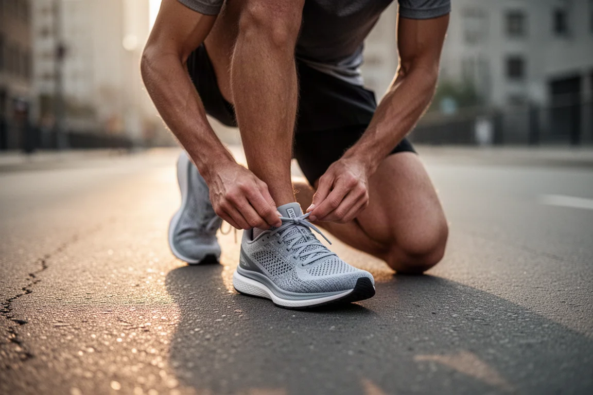 Corredor atándose las zapatillas de running de carretera en una calle urbana a primera hora de la mañana