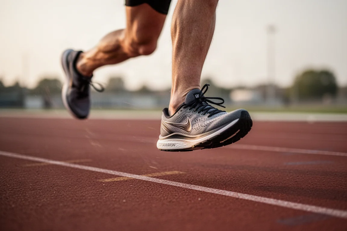 Pies de un corredor a mitad de zancada en una pista durante una sesión rápida de entrenamiento