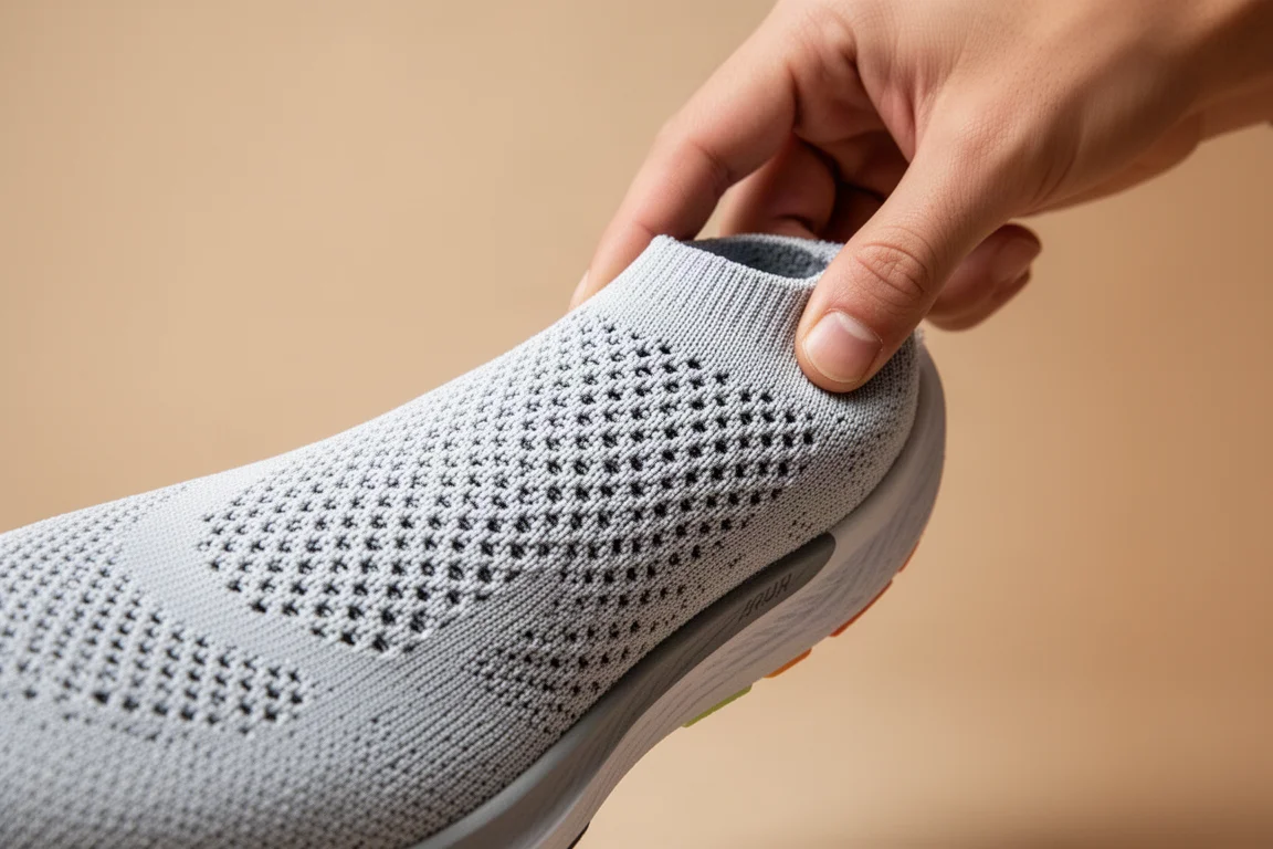 Primer plano de un empeine tejido y suave de zapatilla de running flexionado con la mano