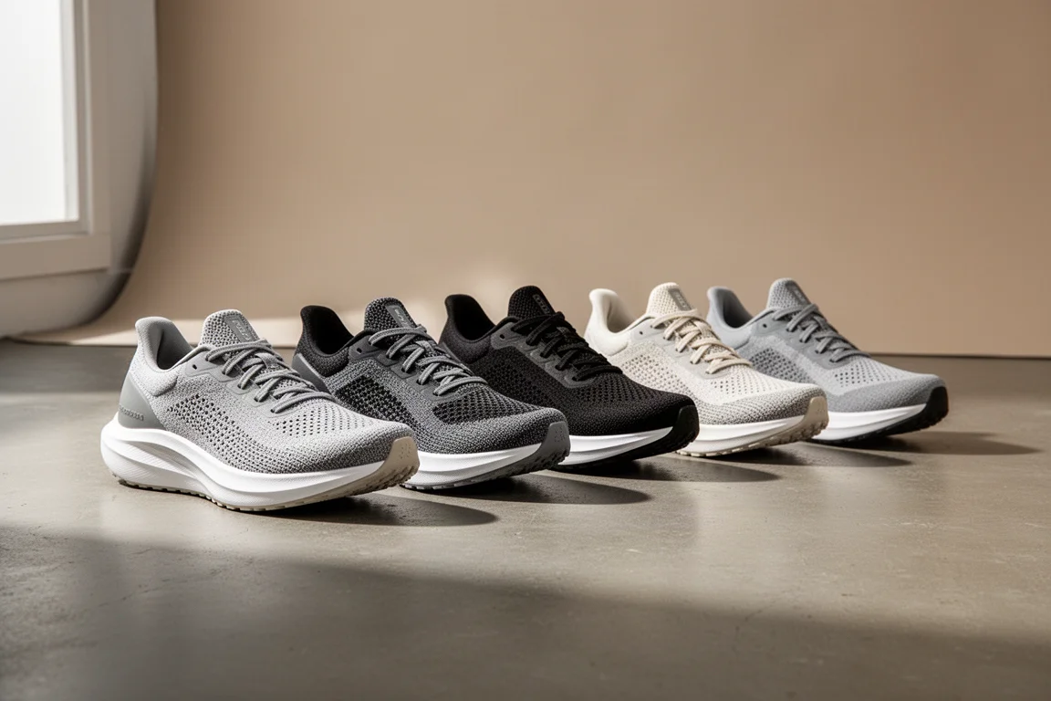 Six road running shoes arranged in a row on a concrete studio floor