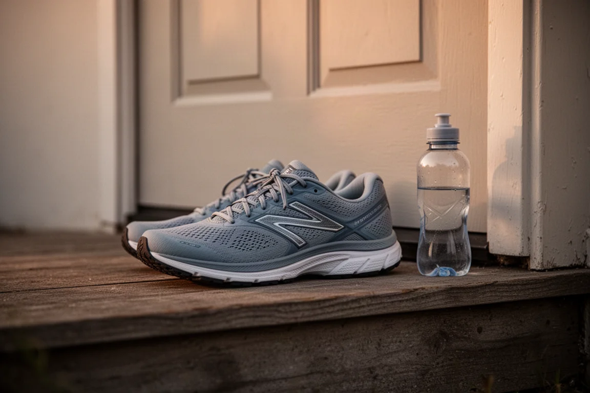 Alltagstrainer auf einer Türschwelle vor dem Morgenlauf